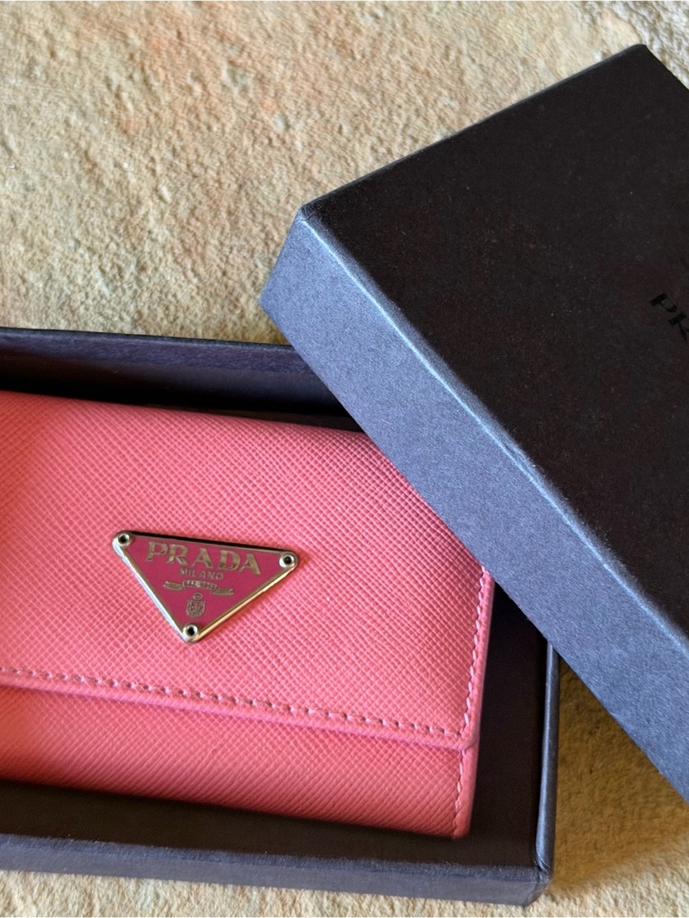 Prada Pink Saffiano Leather Card Holder/Key Holder with Gold Triangle Logo